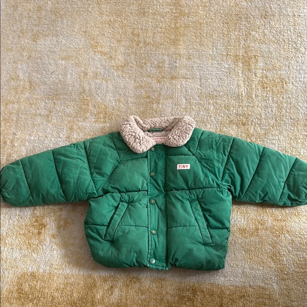 Green Puffer Jacket with Shearling Collar